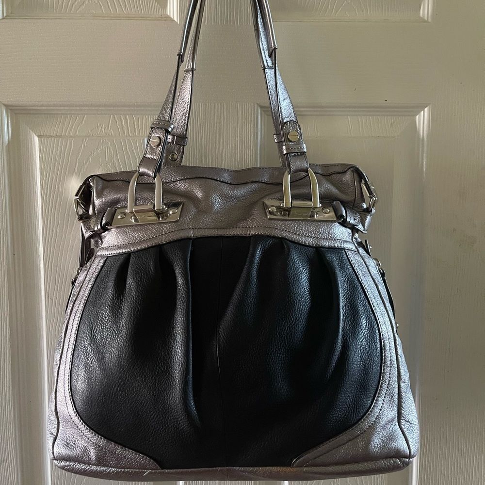 B Makowsky leather metallic silver and black satchel with silver tone hardwares